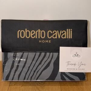 NEW Roberto Cavalli Home 4 Piece QUEEN Sheet Set Black/Gray Zebra Print Cotton